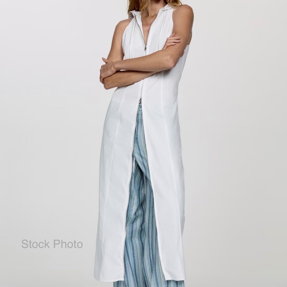 Mango Woman White Sleeveless Hooded Maxi Dress‎ Full Zip Front Size S Never Worn